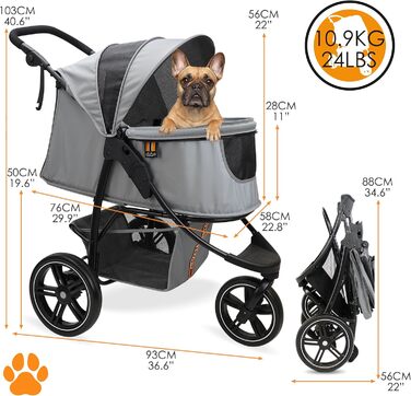 COOPER Складаний візок для собак до 32 кг | Регульована висота, кошик для покупок, Soft Touch ручки, світловідбиваючі елементи | Ідеальний для транспортування тварин – Сірий