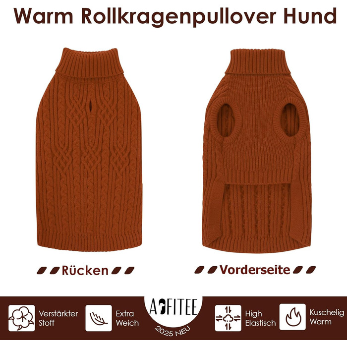 Пуловер для собак AOFITEE, теплий пуловер з коміром-гетром для такс та маленьких собак, зимовий пуловер для собак, колір цегляний (L)