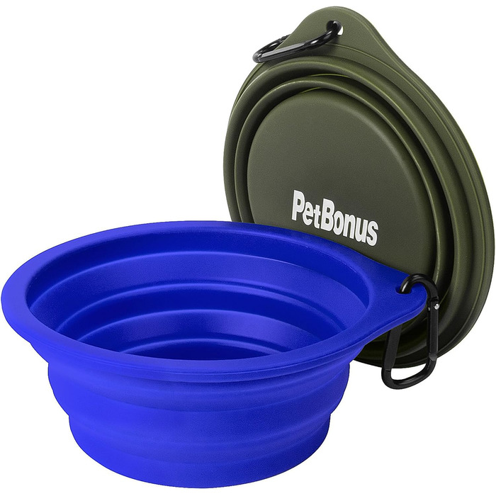 Складані годівниці для собак PetBonus, 2 шт. Силіконові миски для води для собак у подорожах, портативні, не проливаються, з карабіном для собак та котів, для води та корму (600 мл, Армійний зелений, Синій)