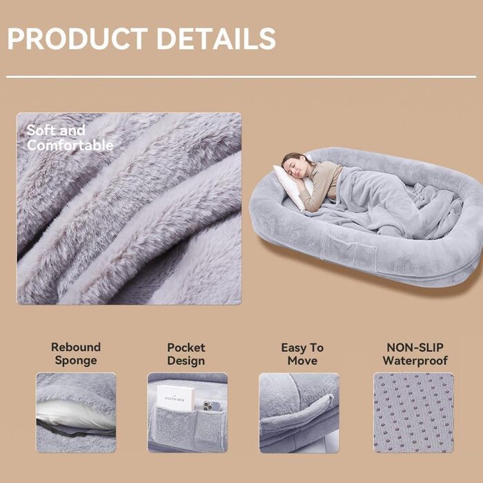 Ліжко для собак великих порід, 160 x 93 x 27,9 см, з м'яким бортиком, знімним чохлом, вологостійким вкладишем та додатковою ковдрою. Миється, розкішне, пухнасте ліжко для комфортного сну.