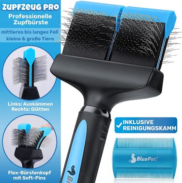 BluePet ZupfZeug Pro професійна щітка для довгошерстих собак і котів, синя, подвійна, для видалення підшерстя, ковтунів і вузлів