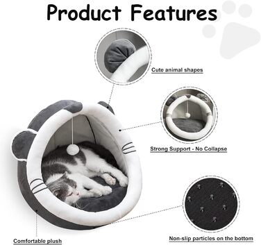 Кігтеточка-будиночок для котів Andiker, 40x40x33 см, плюшеве ліжко, напівзакритий гніздо, миється, знімається, з іграшкою-клубочком (сірий, миша)