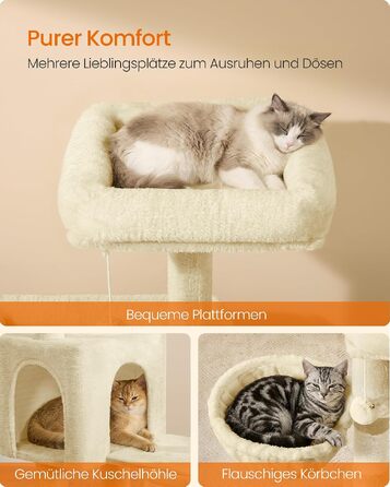 Дерево-кігтеточка для котів Feandrea Kratzbaum — 3 лежанки, будиночок-печера та кошик, висота 136 см, пісочно-бежевий колір