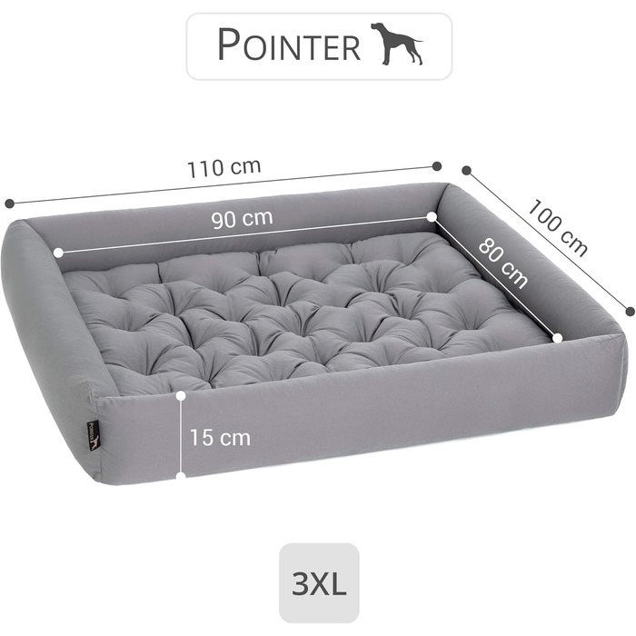 Ортопедичне ліжко для собак середніх порід - Pointer, знімний матрац, миється до 95°C, стійке до подряпин та укусів, Made in Germany (XXXL, 110x100 см, світло-сірий)