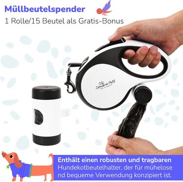 Рулетка для собак Zenova Pets 5м з тримачем для відходів, нейлоновий поводок 360°, антиковзний руків'я та кнопка швидкого гальмування. Підходить для собак великих, середніх та малих порід до 30 кг