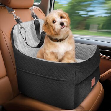 Автокрісло для собак маленьких та середніх порід (до 15,9 кг), з пам'яті-ефекту, знімний чохол, 2 ремені безпеки, чорний/сірий, Medium