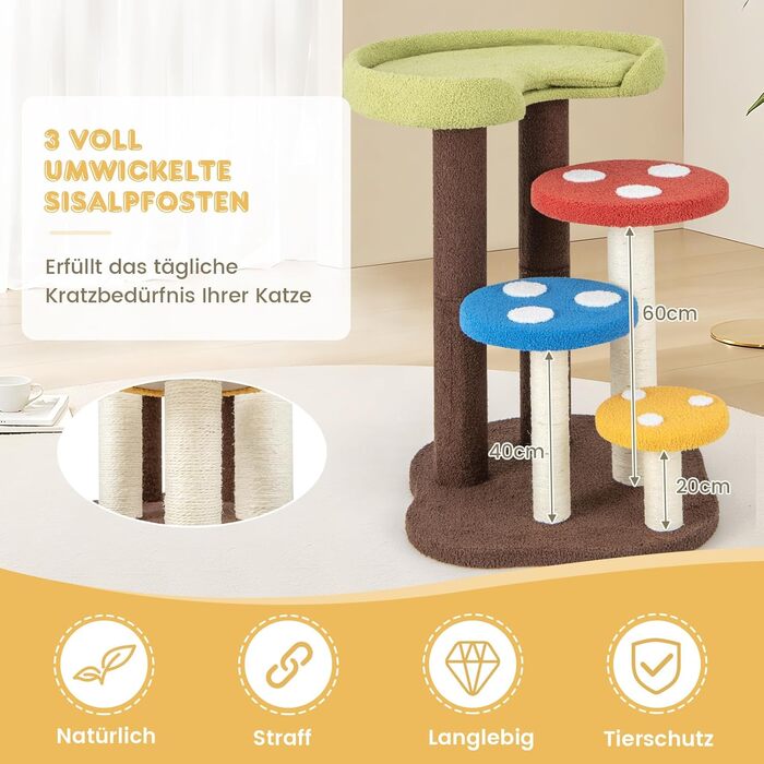 Дерев'яний кігтечка для котів Costway з печереєю та ігровим м'ячиком, 60x65x94 см, кольоровий