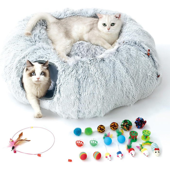 Туннель для котів FURRYPAWS XXL 3-в-1 – 160 см, ліжко, регульований, дихаючий, металевий каркас, складаний, для великих котів та дрібних тварин (світло-сірий з іграшкою)