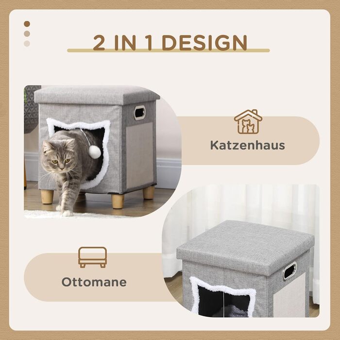 Будиночок для котів PawHut з подушкою, кігтеточкою та іграшкою, м'який котячий дім-ліжко з протиковзким дном, поліестер, сірий, 35,5x35,5x42,5 см