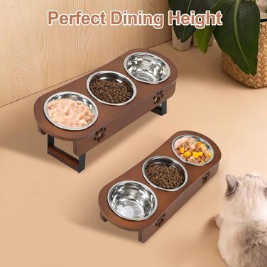 Підвищені годівниці для котів 3 шт. з регульованою висотою, з підставкою, з нержавіючої сталі, для води та корму, для котів та маленьких собак, коричневі
