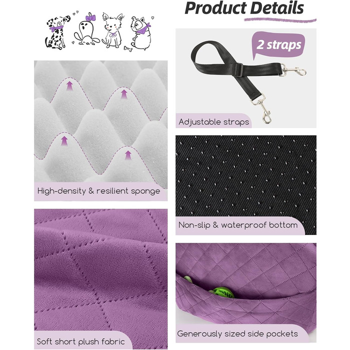 Автокрісло для собак маленьких та середніх порід, м'яке переноське автокрісло для цуценят з піднятим подушкою, повністю знімний та пральний автокрісло для домашніх тварин з 2 собачими повірцями (Purple, Medium)