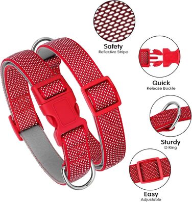 Світловідбиваючий нашийник для собак Didog з пряжкою, регульований, м'який неопрен, з підкладкою, нейлон, для собак маленьких, середніх та великих порід, L (M: обхват шиї 25-43см, червоний)