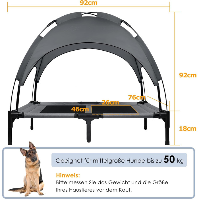 Підвищене ліжко для собак UISEBER 92x76x92 см, Outdoor, з дахом, до 50 кг, вологостійке, сіре + чорне【L】