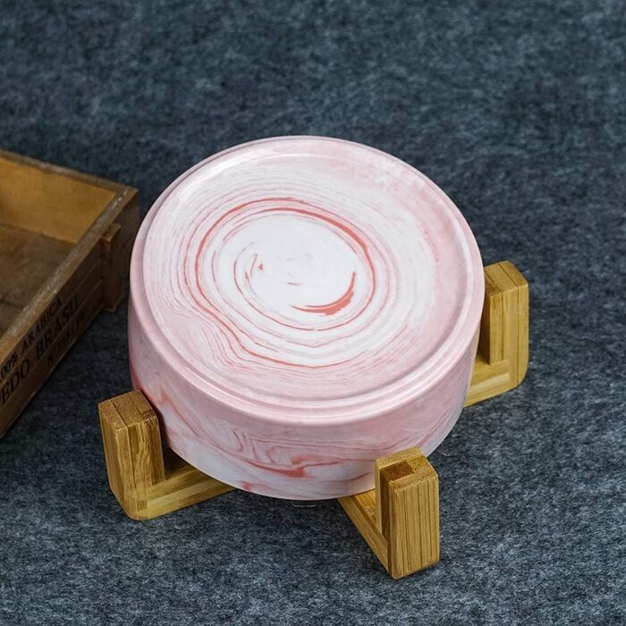 Миски для собак SP SEMPRE з кераміки з бамбуковими підставками, рожевий мармур (15,5 см)