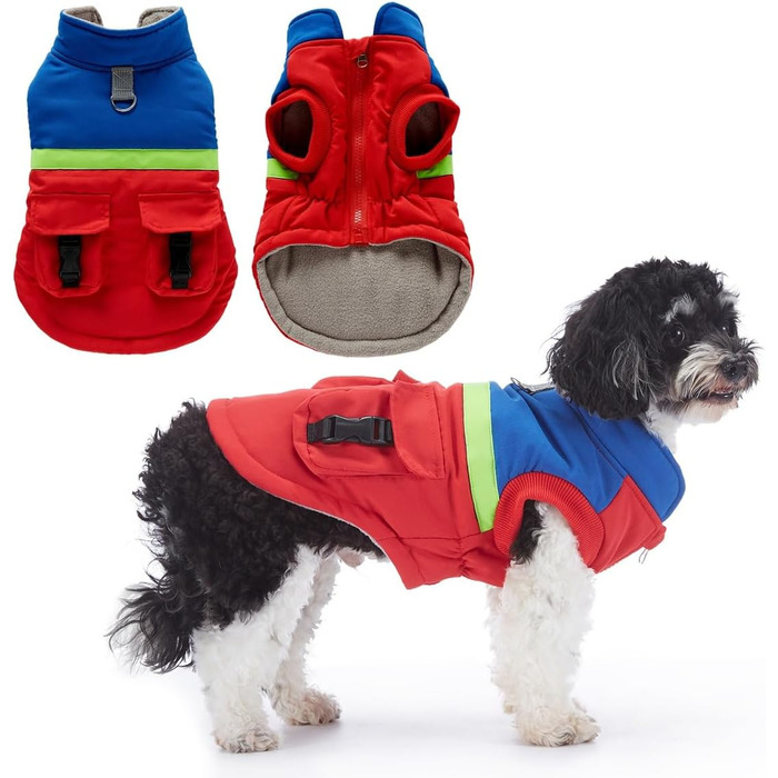 Тепла водовідштовхувальна куртка для собак маленьких та середніх порід. Зігріваючий зимовий одяг для собак з отвором для повідка та кишенями, світловідбиваюча (червоний, синій, S)