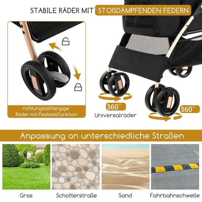 Візок для собак COSTWAY 3 в 1, чорний, до 15 кг, з сітковими вікнами та регульованим козирком