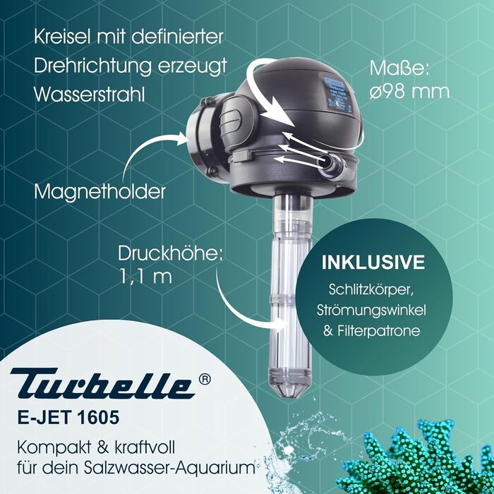Пропелерна помпа Tunze Turbelle e-Jet 1605, 1600 л/год, з магнітним тримачем і фільтрацією для акваріумів до 15 мм скла