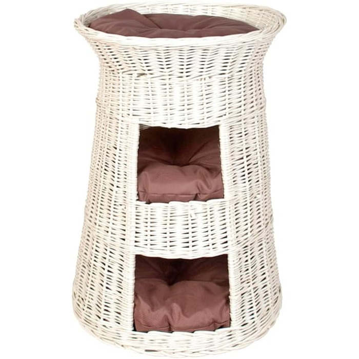 Кігтеточка-ліжко для котів: кругла хатинка з ротанга, триярусне ліжко для собак та котів, колір - білий, з коричневою подушкою