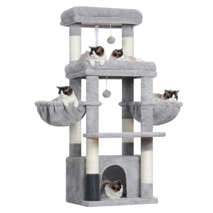Котячий будиночок Hey-brother Kratzbaum для великих котів та Мейн-кунів, багатоярусний, стабільний, з 2 платформами, 2 будиночками, великою печерею, гребінкою, сірий EMPJ070W