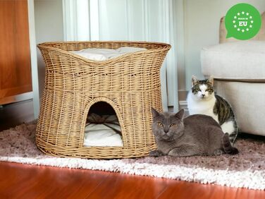 Кошик для котів для сну, котяча хата з лози, двоповерхове ліжко для котів і собак 60 см з м'якою подушкою, натуральний колір