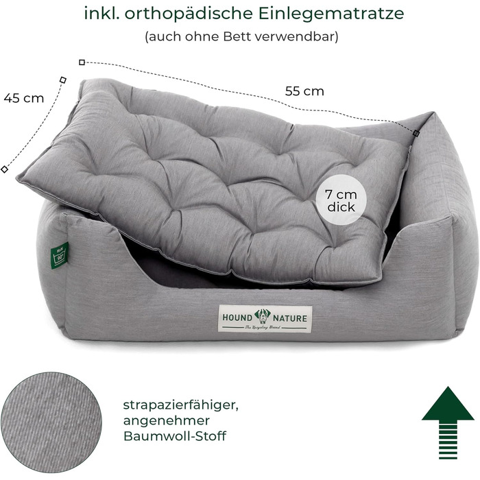 Ортопедичне ліжко для собак HOUND & NATURE Zermatt, корзина для собак середніх порід з високим бортиком, м'яке собаче ліжко з подушкою (M - 95x70 см, S | 75x60 см, світло-сірий)