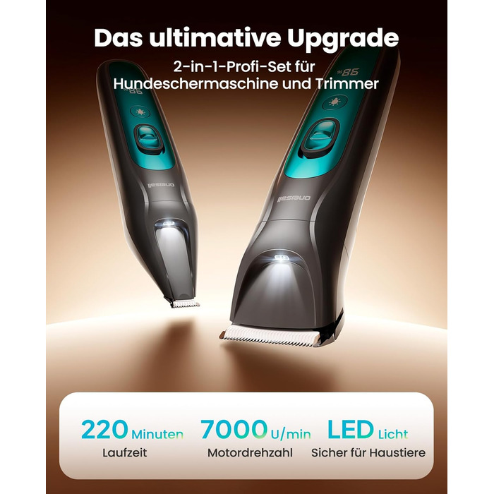 Машинка для стрижки собак та котів oneisall 2-в-1 з тримером для лап, LED-підсвічуванням, тиха робота, акумулятор 2000 mAh, професійний триммер для густого та кучерявого хутра, синій