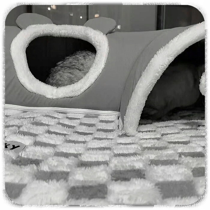 Плюшеве ліжко-шахівниця для котів з тунелем 2в1, сіре, розмір XL 86x70x26 см