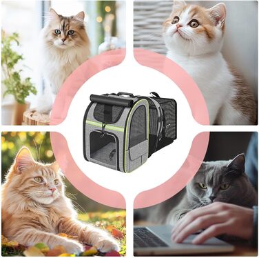 Рюкзак для котів | Переноска для собак, рюкзак для домашніх тварин, розширюваний, дихаючий, складаний, для подорожей, піших прогулянок, транспортування, сірий з зеленими вставками