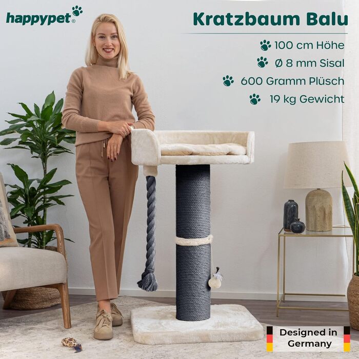 Дряпак для котів HAPPYPET 'Balu' 100 см, преміум, стабільний, для великих порід (Мейн-кун, регдол), товсті стовпи 18 см, натуральний сизаль, сірий-бежевий