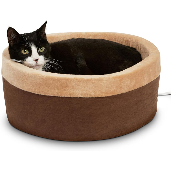 K&H Thermo-Kitty — підігрівальне ліжко для котів, маленьке, 40,6 см, мокко/світло-коричневе, електричне, затишне спальне місце для домашніх тварин