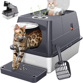 Котячий туалет HAPAW з нержавіючої сталі з кришкою, велика закрита туалетна коробка для котів, 135° відкидний верх, з лопаткою та фільтром, герметична та без запаху