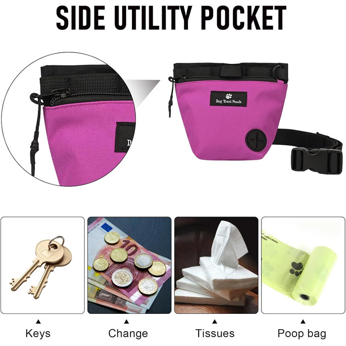 Сумка для ласощів для собак з магнітною застібкою, регульованим поясом, для тренувань, прогулянок на свіжому повітрі (рожева, з принтом тварин)