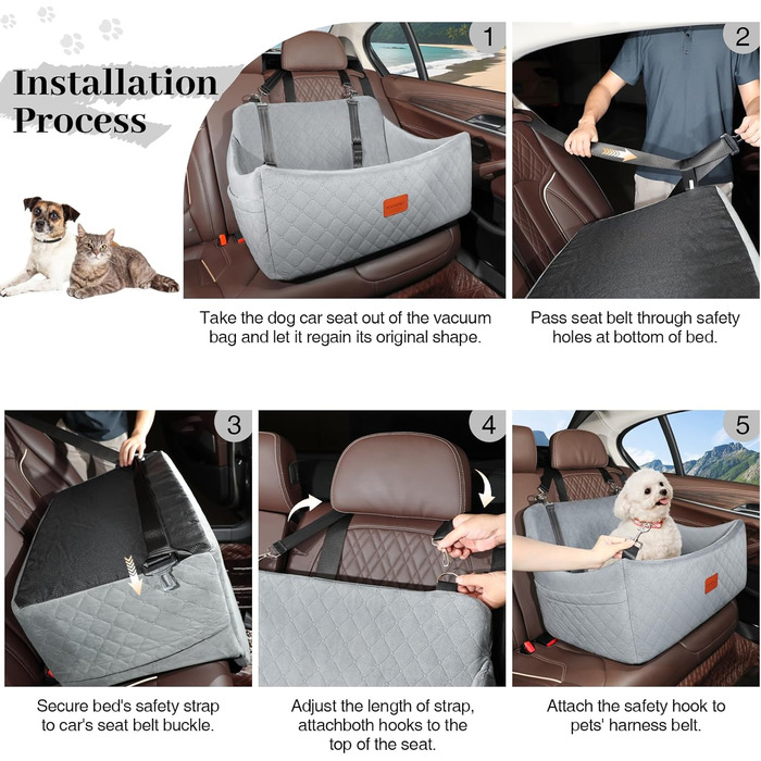 Автокрісло для собак великих порід, м'яке автоліжко з піною з пам'яті, антиковзаюче дно та кріплення для ременів безпеки, знімне та пральне автокрісло для собак, легке встановлення (Сірий, Великий)