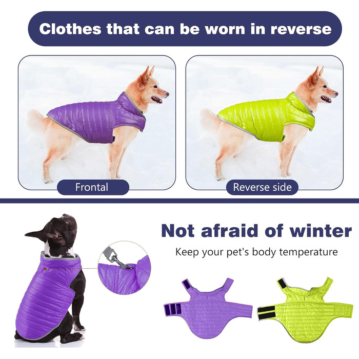 PETCUTE Зворотна куртка для собак, тепла зимова куртка-жилет для цуценят, водонепроникний одяг для домашніх тварин, регульована водонепроникна куртка для собак, поводок для собак з отвором для повідка, ідеальна для зими (S, фіолетовий+зелений)