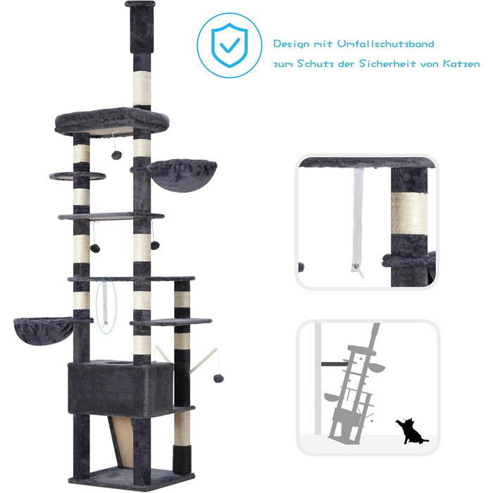 Котячий будиночок Hey-brother Kratzbaum: регульований котячий комплекс 250-280 см, до стелі, для великих котів, з гніздом, сірий (0MPJ091W)