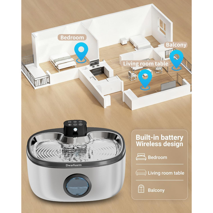 Джерело води для собак з LED-сенсором, фонтанчик для котів бездротовий, 4-шарова фільтрація, нержавіюча сталь, 5.0L