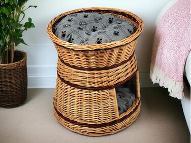 Кігтеточка-лежанка для котів та собак, діаметр 47 см, з натуральної плетінки, двоярусна, з подушкою сірого кольору 47x47x45 см