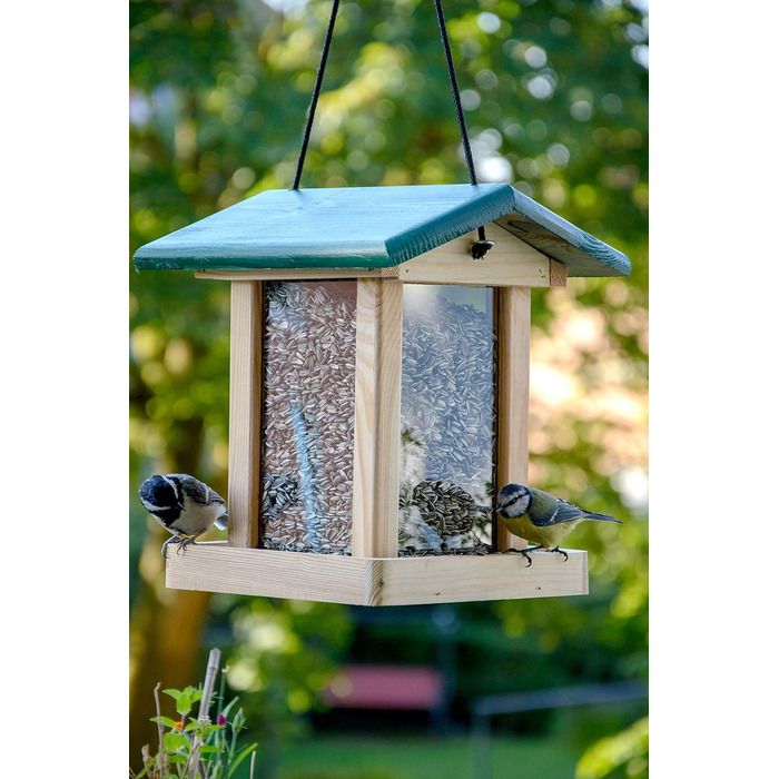 Годівниця для птахів Dobar® 21097e з шиферним дахом, з масиву дерева, велика годівниця, зелена