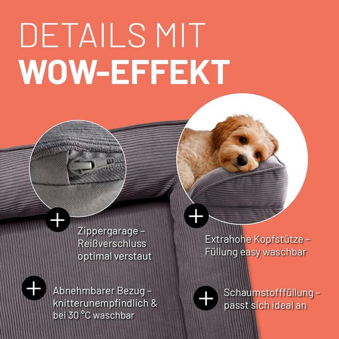 Ортопедичне собаче ліжко Lumaland з корду | Собаче ліжко-софа 70x60 см - для маленьких собак | Нековзне дно | Знімний, пральний чохол та наповнювач | Корд, Memory Foam - Сірий колір 70 x 60 см - Розмір S