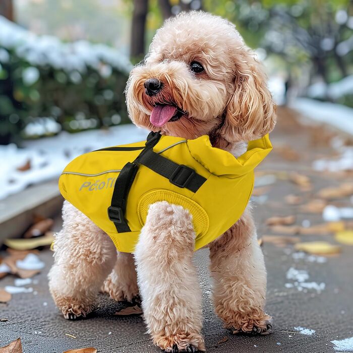 Теплий зимовий одяг для собак: жовтий пуловер/манта XL для маленьких собак, з відбиваючими елементами та дзвінком