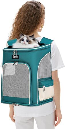 Рюкзак для собак та котів PETCUTE, дихаючий, з висувною підстилкою, прозоре вікно, складаний, з безпечним шнуром, для подорожей, Malachitgrün+Weiß