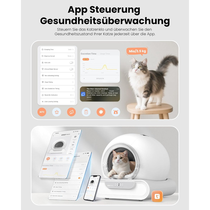 Автоматичний лоток для котів LELO PAWS, 65л, самоочищення, з контролем запаху, керування через APP, електричний, XXL, для кількох котів, білий