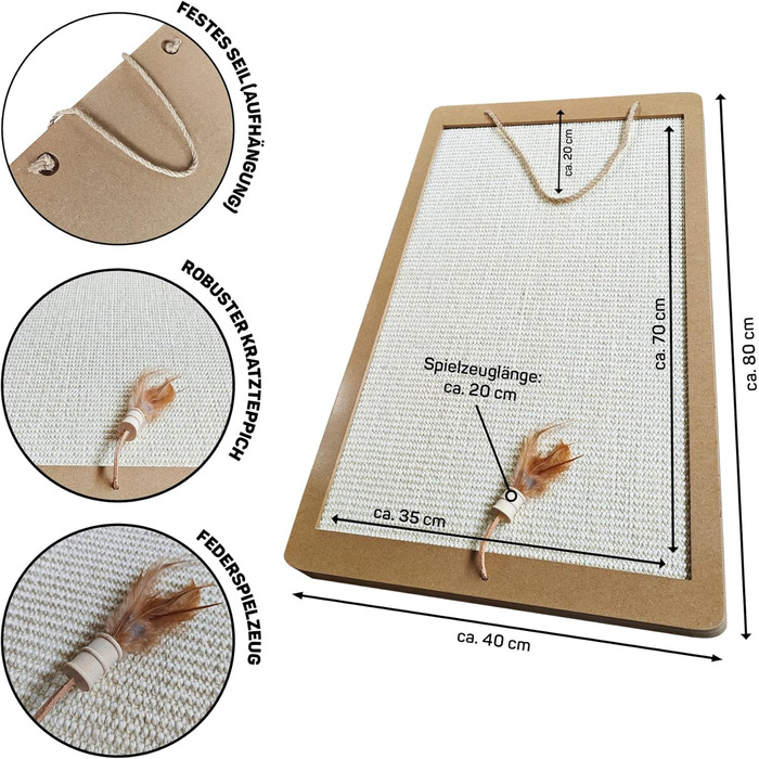Котячий кігтетоп Planky XXL - великий килимок для дряпання котів з дерева, 70x35 см, 80x40x2 см