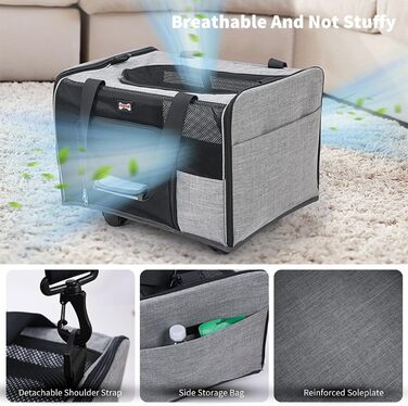 Транспортний бокс для котів та собак PETCUTE, складаний, з килимком, бічні кишені, з колесами, для подорожей та кемпінгу, сірий