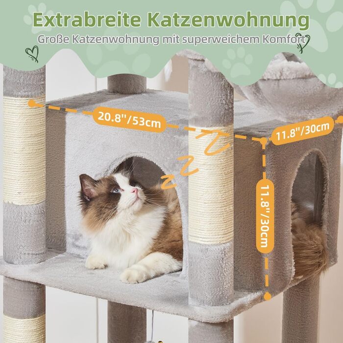 Когтеточка для котів Taoqimiao 180 см XXL, великий котячий комплекс для Maine Coon з будиночком, гамаком, платформами та 9 стійками (світло-сірий)