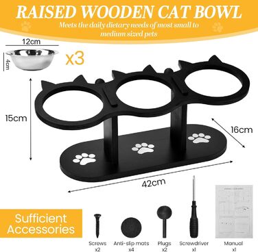 Набір мисок для котів 3 шт. з нержавіючої сталі, підняті миски для котів та маленьких собак, дерев'яна годівниця для котів, чорний колір