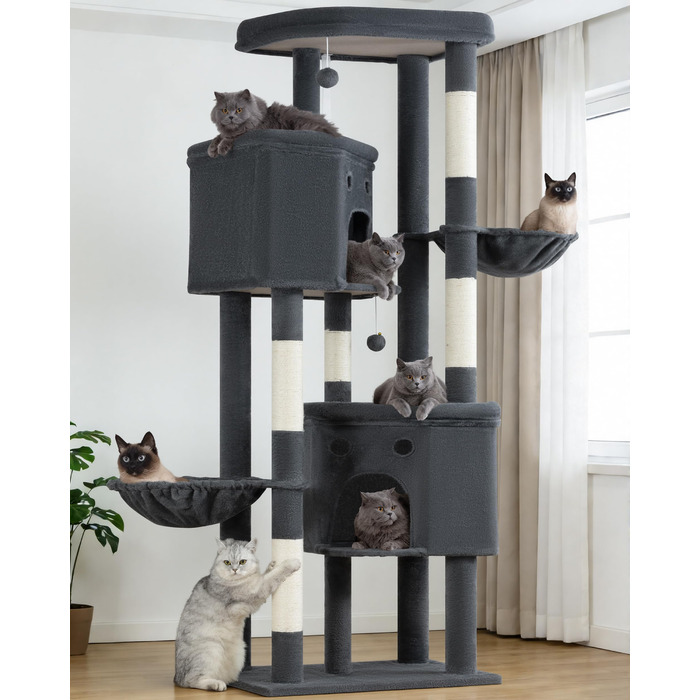 Комплексний котячий будинок Kratzbaum XL 170 см з сірим покриттям: ігровий комплекс для великих котів з дряпаками, будиночком, гамаком та м'ячиками