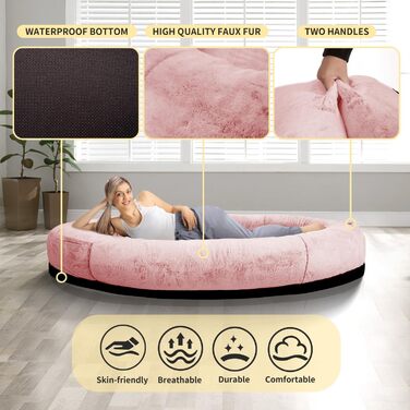 Велике ліжко для собак та людей FURRYFECTION, 180x114x35.6 см, рожеве, з ковдрою та подушкою