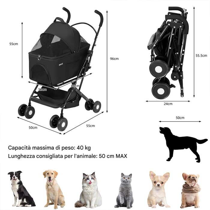 Дитячий візок для тварин BAKAJI 2 в 1, 40 кг, складний, знімний капюшон, візок для собак та котів з кошиком для зберігання (Чорний)
