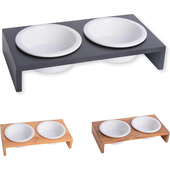 Підвищена годівниця для котів PETLINUS: керамічна та дерев'яна, для котів та маленьких собак (чорна)